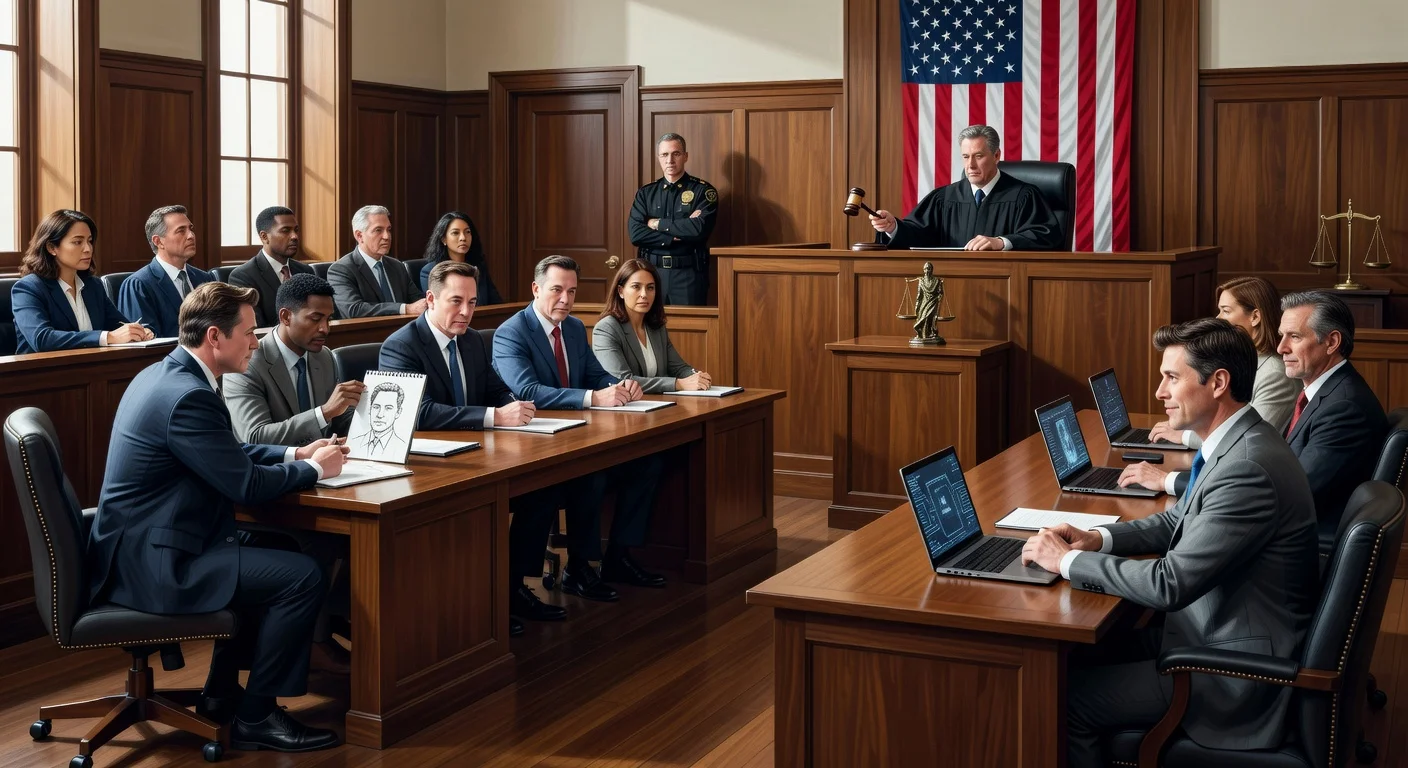 Courtroom illustration depicting jury selection in Elon Musk v. OpenAI trial in Oakland federal court.