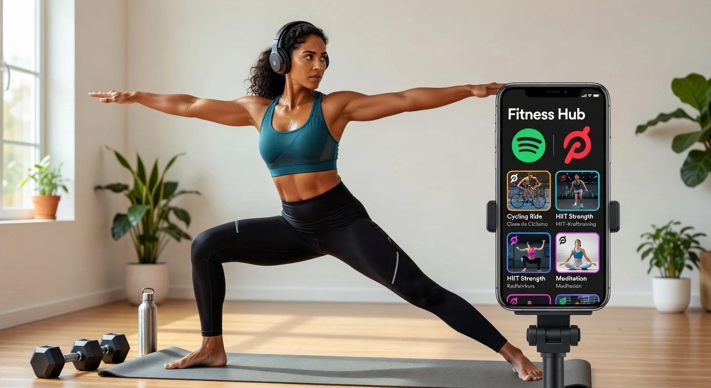 Illustration of a woman working out with Spotify app showing Peloton fitness classes.