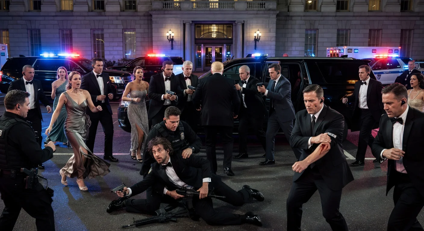 Illustration depicting the evacuation and suspect apprehension at the White House Correspondents' Dinner after a shooting attempt on the president.