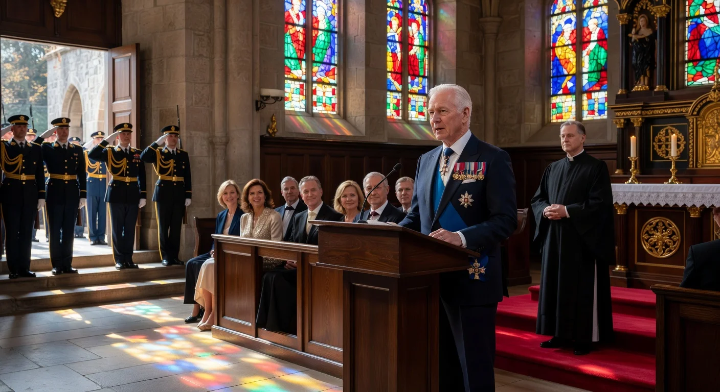 King Carl XVI Gustaf delivers emotional speech during 80th birthday service at Slottskyrkan, surrounded by family and military honors.