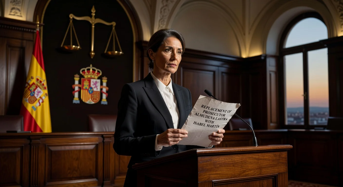 Illustration of Attorney General Peramato announcing Madrid prosecutor's replacement amid political controversy.