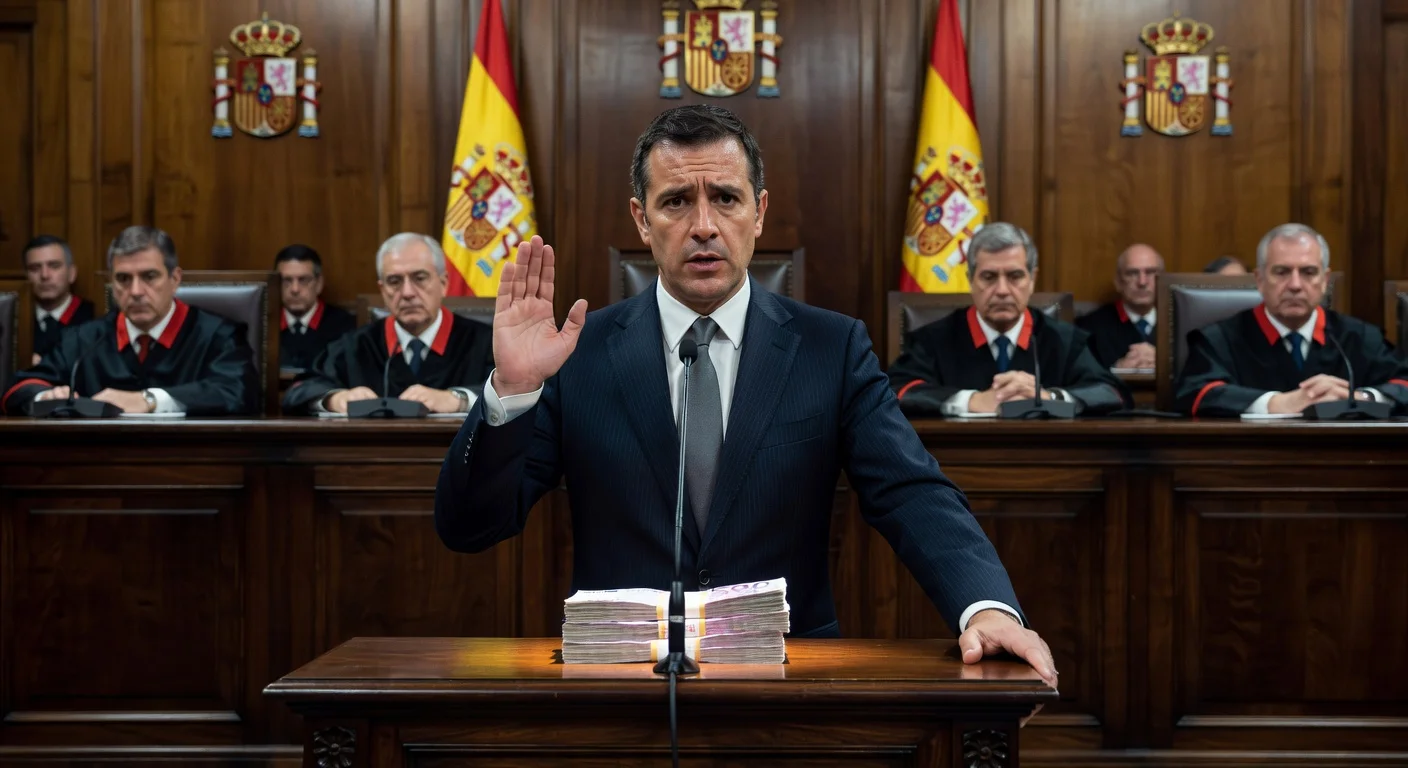 Koldo García at witness stand in Spain's Supreme Court, bundles of 500-euro bills visible, during Mascarillas case testimony.