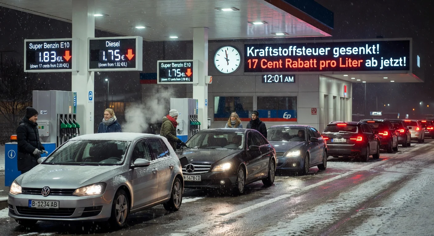 German gas station at midnight displaying reduced petrol and diesel prices after the government's 17-cent-per-litre tax cut takes effect.