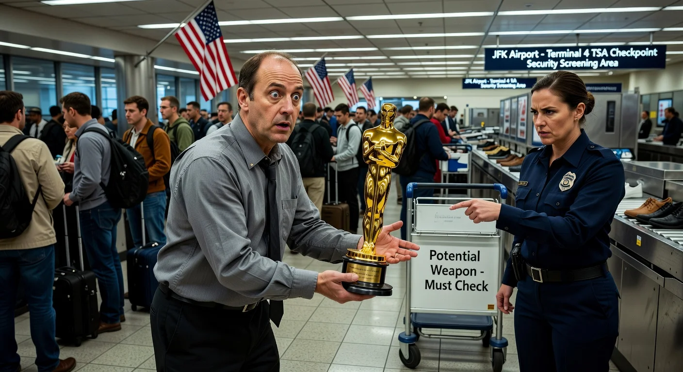 Pavel Talankin forced by TSA at JFK Airport to check his Oscar statuette for 'Mr. Nobody Against Putin,' which later went missing.