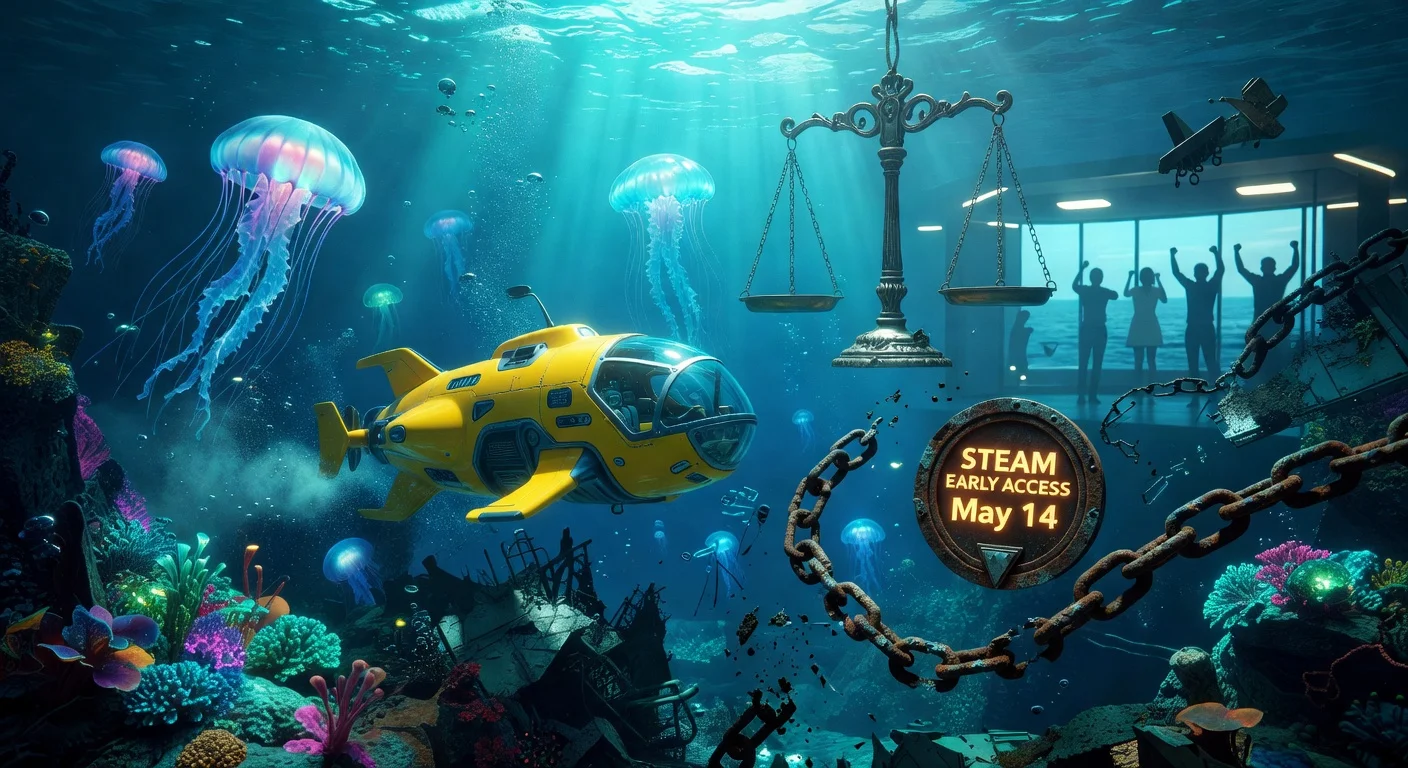 Photorealistic illustration of Subnautica 2's underwater world with Steam Early Access 'May 14' announcement and symbols of legal victory over Krafton dispute.