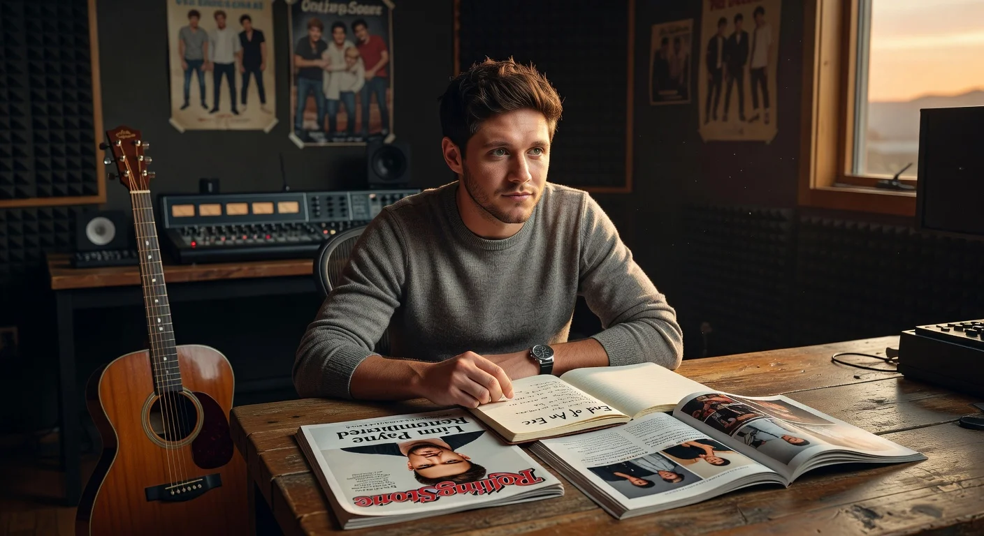Niall Horan in reflective pose in recording studio, inspired by Liam Payne's death to finish 'End of An Era', Rolling Stone magazine nearby.