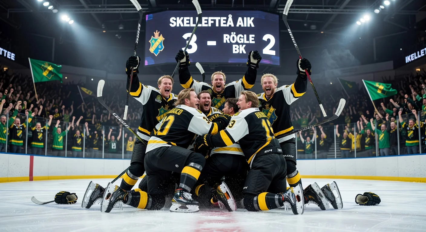 Skellefteå AIK hockey players celebrate 3-2 road win over Rögle BK in SHL finals game 4, leading 3-1 series.