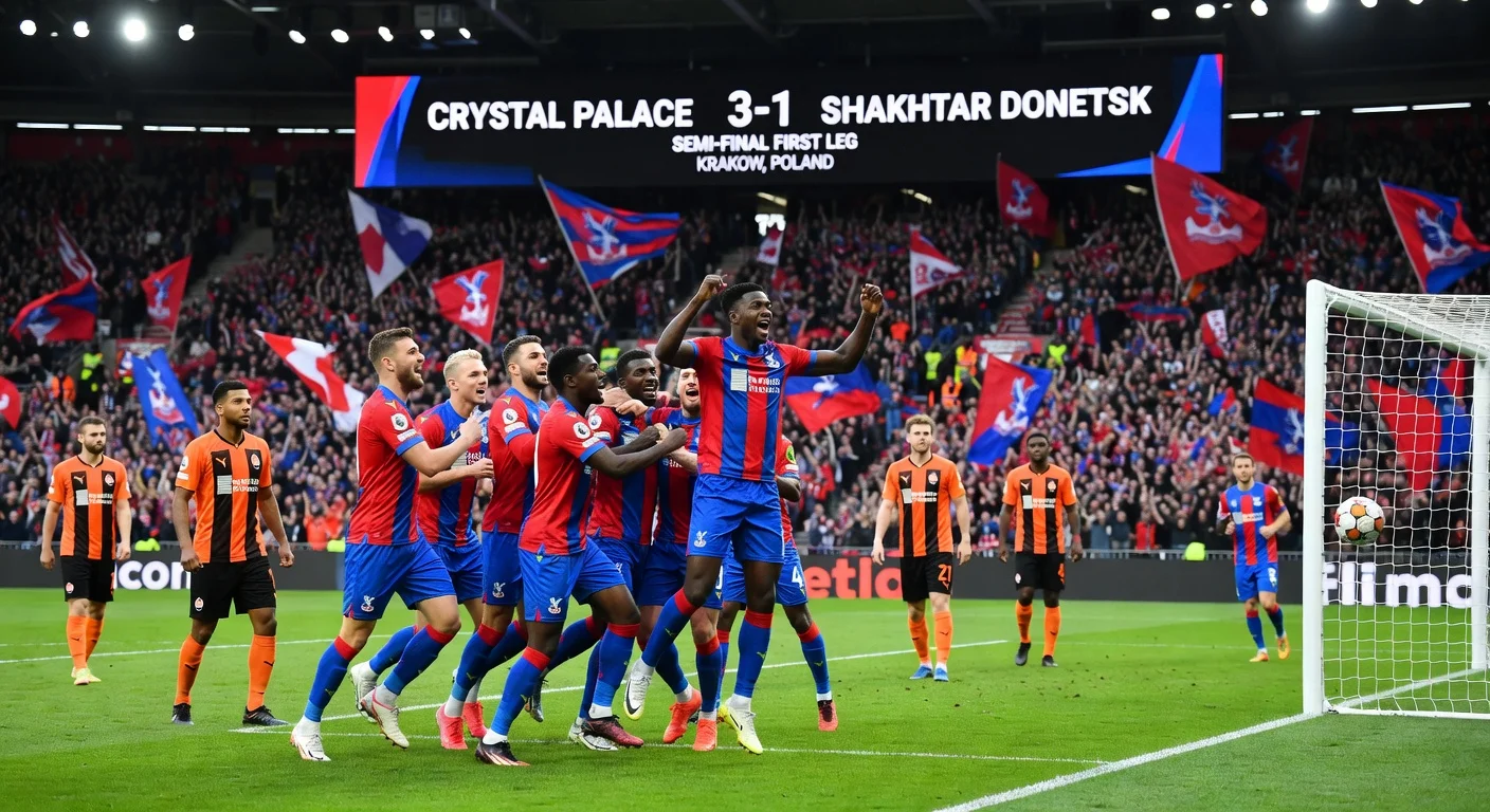 Crystal Palace players celebrate 3-1 win over Shakhtar Donetsk in Conference League semi-final, highlighting Ismaila Sarr's record-fast goal.