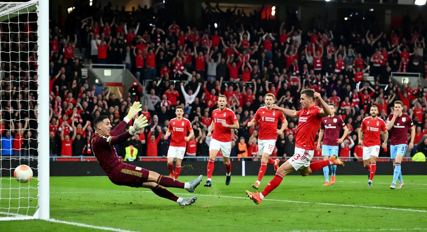Chris Wood scores the winning penalty for Nottingham Forest vs Aston Villa in Europa League semi-final.