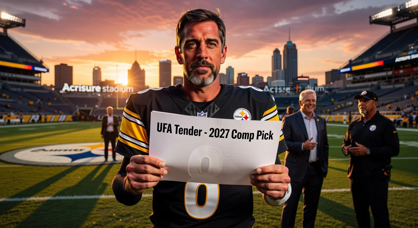 Aaron Rodgers in Steelers jersey holding UFA tender contract, with team executives in background, illustrating expected re-signing and 2027 comp pick strategy.