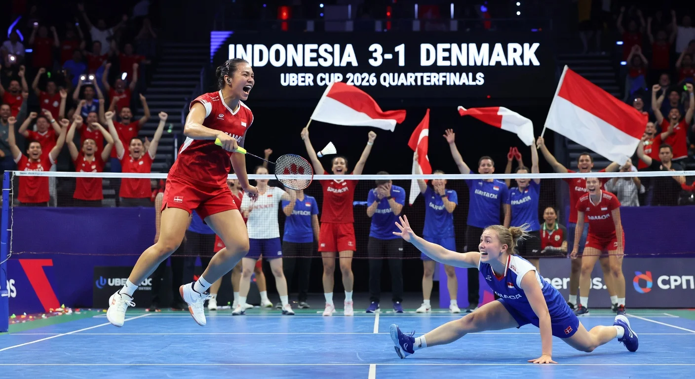 Indonesian player Ester Nurumi Tri Wardoyo clinches Uber Cup 2026 quarterfinal win over Denmark with a powerful smash.