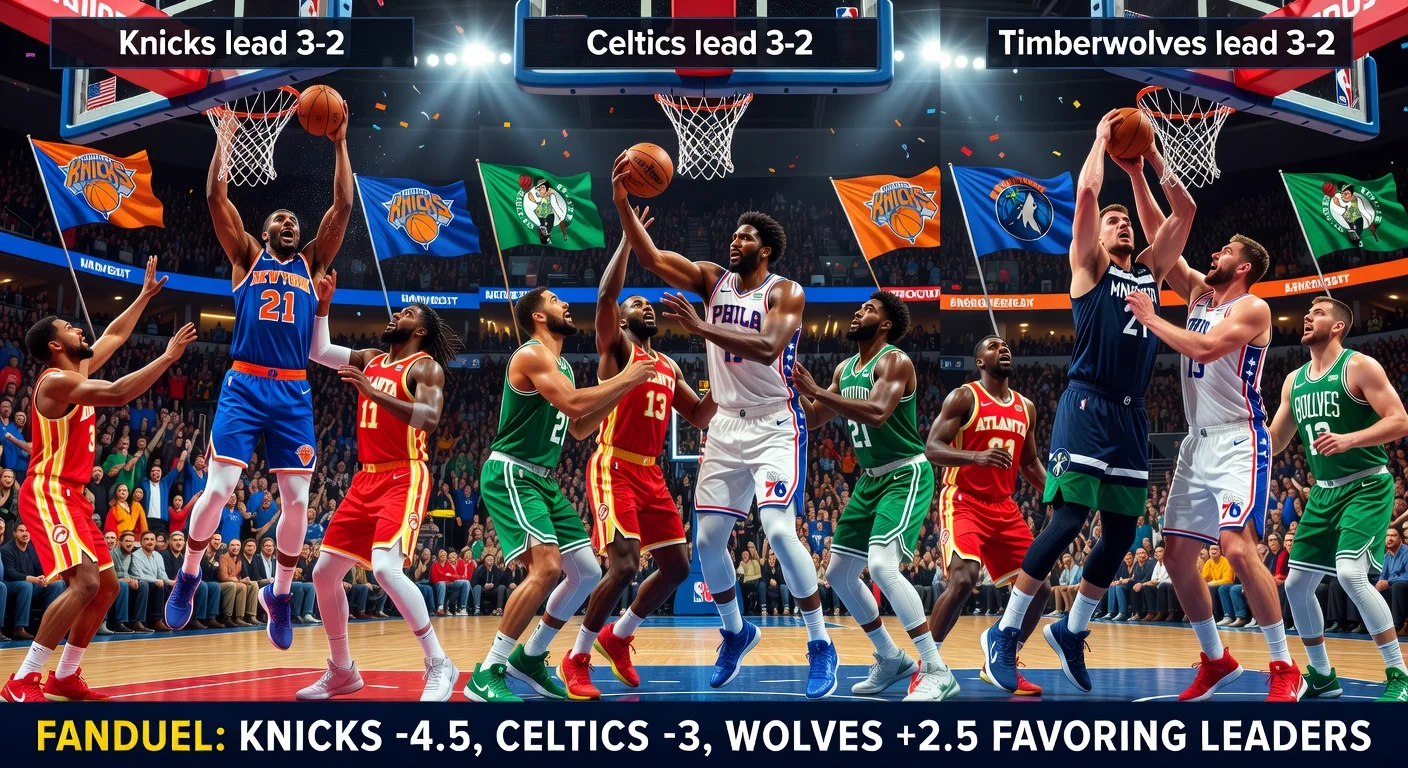 Dramatic photorealistic image of NBA playoff Game 6 elimination matchups: Knicks vs. Hawks, Celtics vs. 76ers, Timberwolves vs. Nuggets.