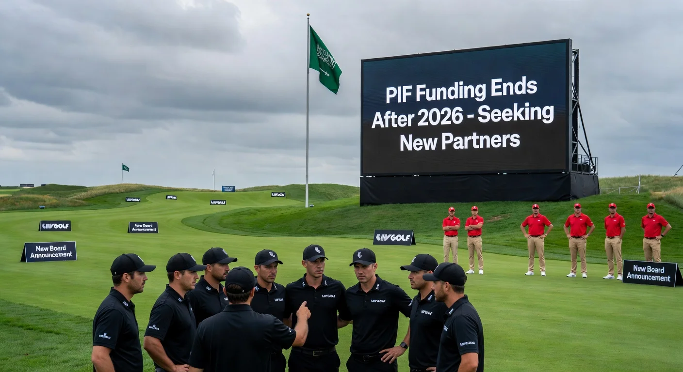 Illustration of LIV Golf players reacting to Saudi PIF funding cutoff after 2026, with uncertain PGA Tour observers on a golf course.