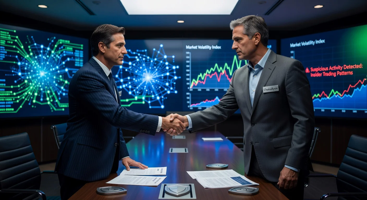 Executives from Polymarket and Chainalysis shaking hands amid blockchain analytics screens highlighting anti-insider trading tools.