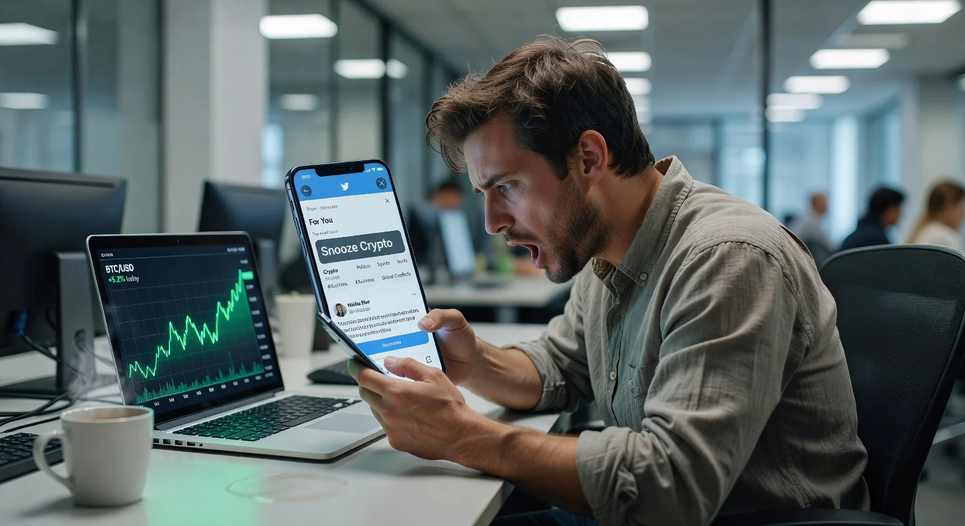 Frustrated user snoozing crypto topics on X app, topping mute list over politics and sports amid Bitcoin surge.