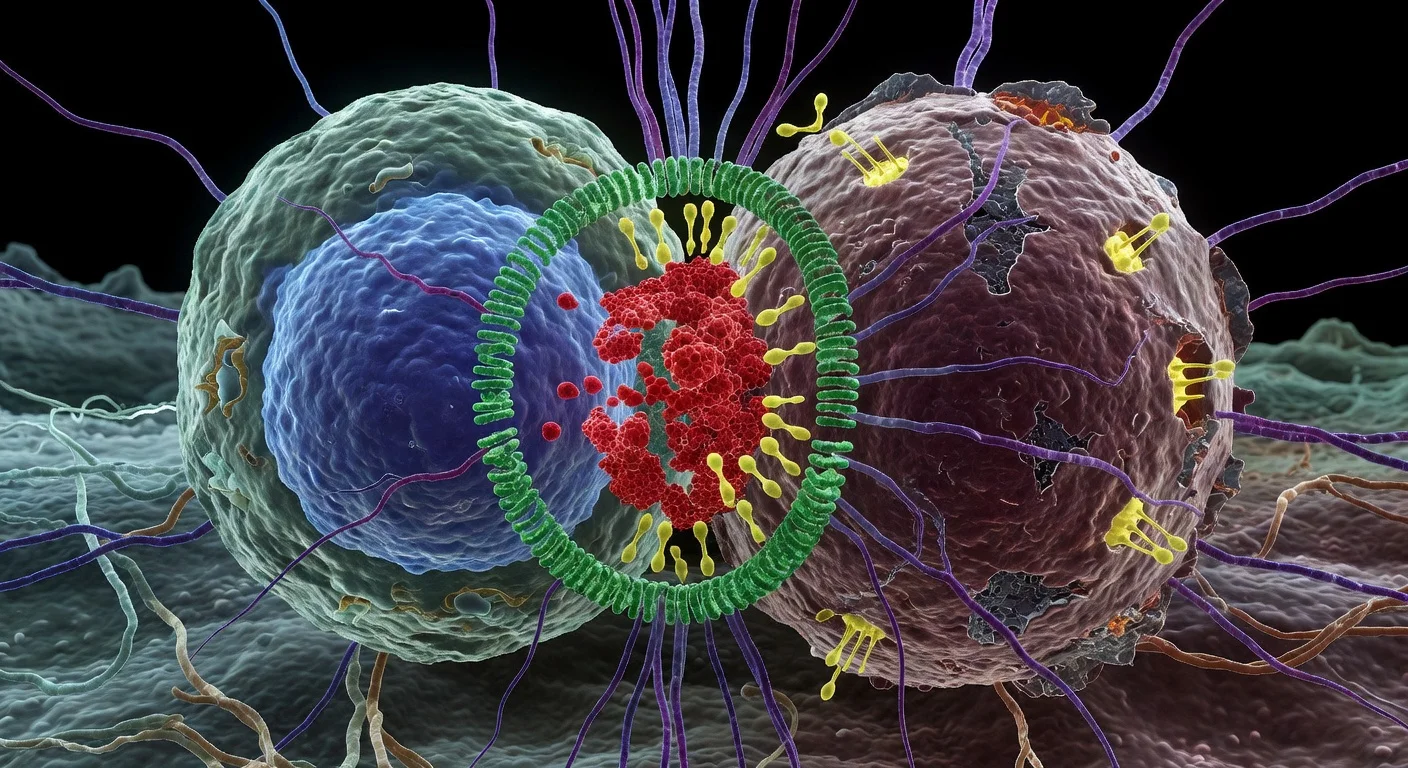 3D cryo-expansion microscopy image of a killer T cell's immune synapse with a tumor cell, revealing nanoscale killing machinery organization.