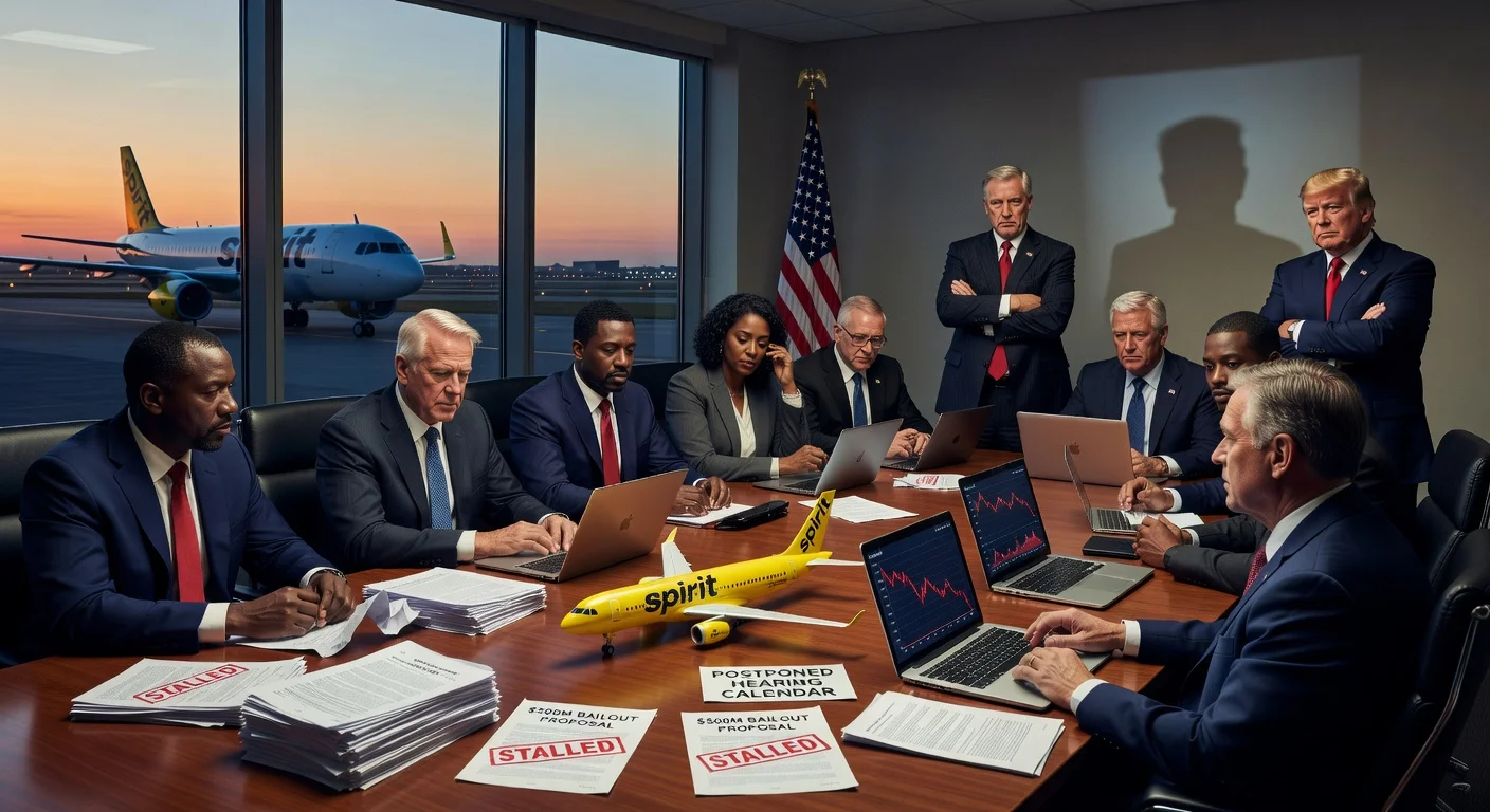 Illustration of stalled government bailout negotiations for bankrupt Spirit Airlines, featuring tense boardroom talks and a Spirit jet.