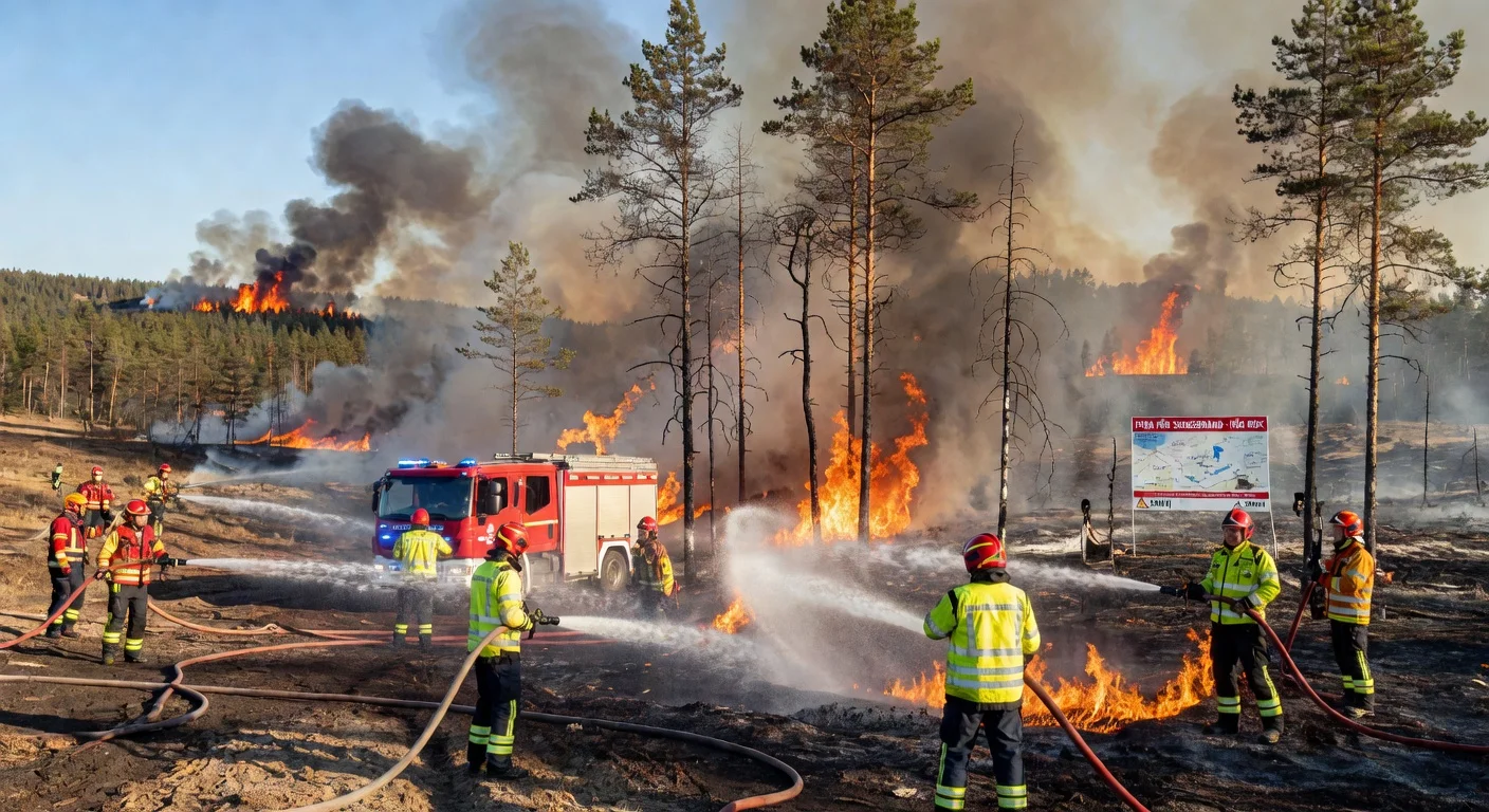 Firefighters battle multiple wildfires in Örebro county forests amid SMHI's elevated fire risk warning.