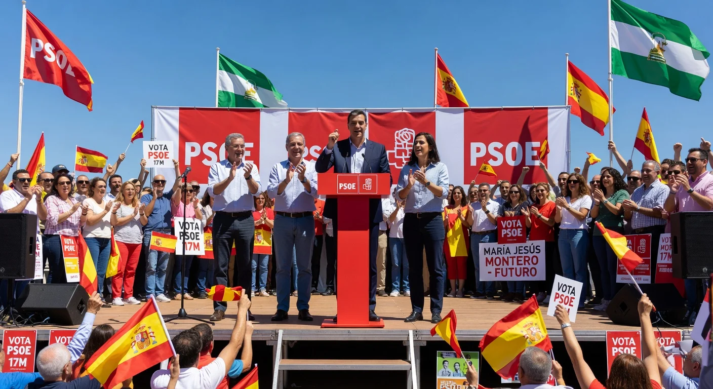 Pedro Sánchez and José Luis Rodríguez Zapatero endorse María Jesús Montero at the opening PSOE campaign rally in Cártama, Málaga.