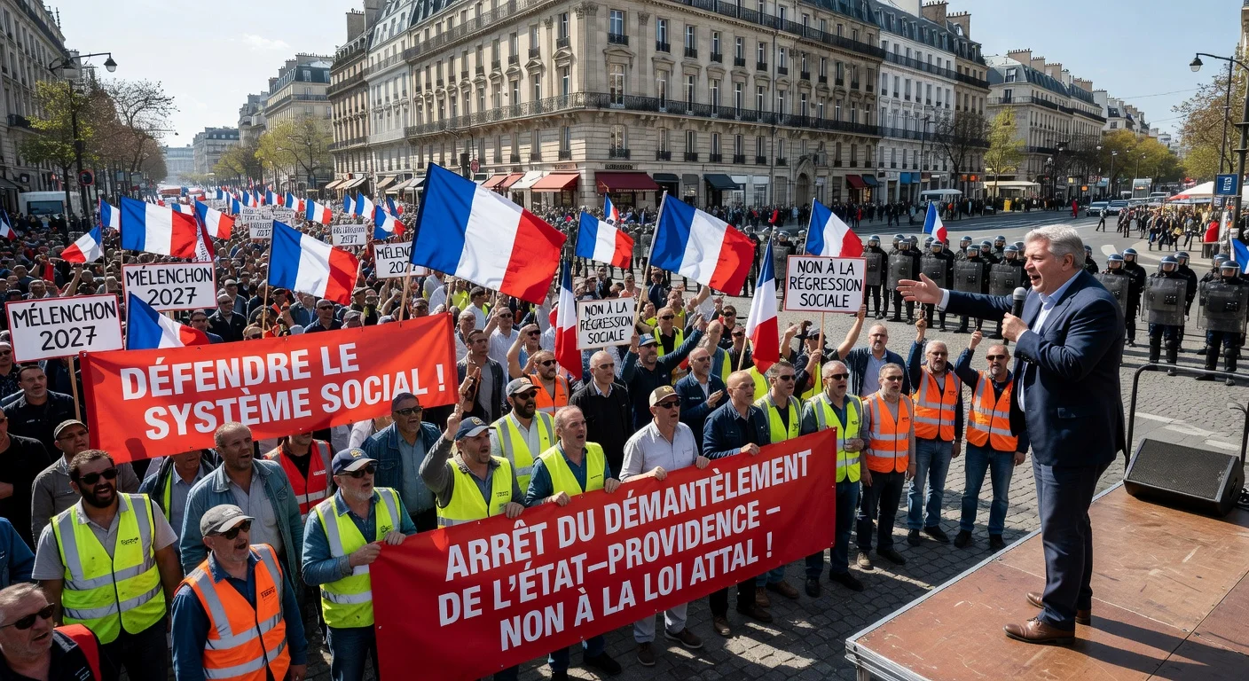 Crowds of protesters marching in Paris during May Day demonstrations against social system reforms, with banners and flags, ahead of 2027 election.
