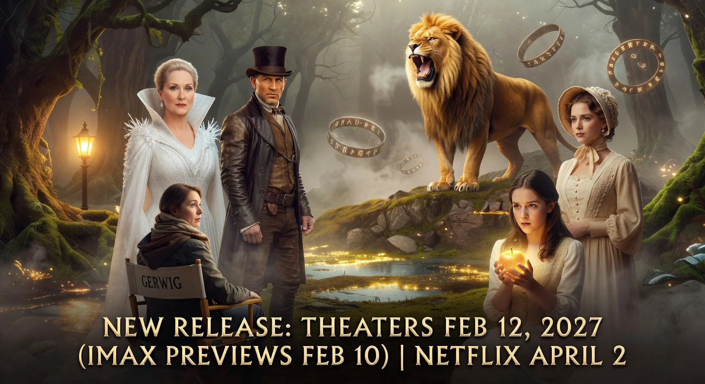 Photorealistic poster for Greta Gerwig's Narnia film 'The Magician’s Nephew' announcing its 2027 release, featuring stars Meryl Streep, Daniel Craig, Carey Mulligan, and Emma Mackey amid magical Narnia scenes.