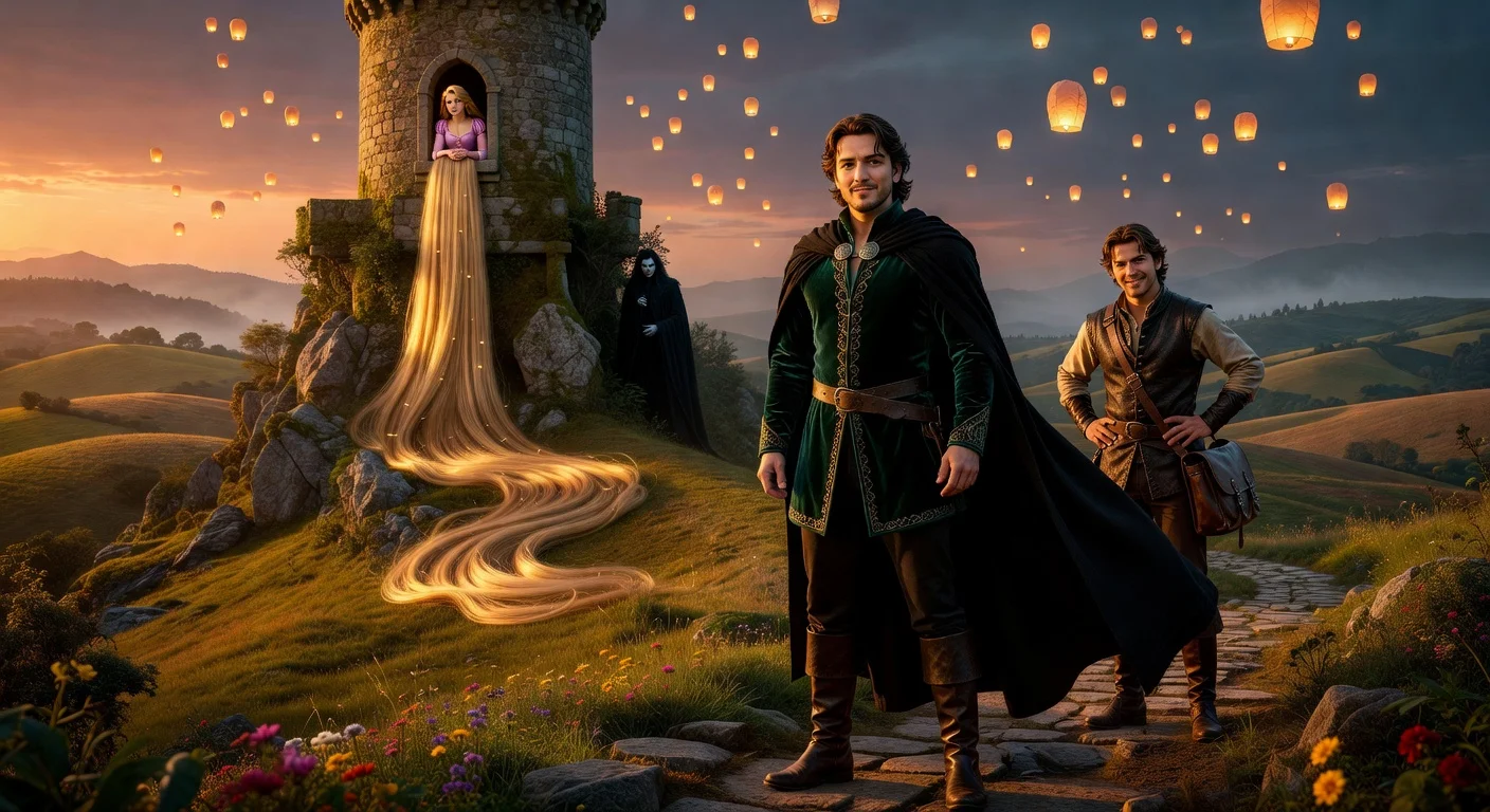 Artistic rendering of Diego Luna and co-stars Teagan Croft, Milo Manheim, and Kathryn Hahn for Disney's live-action Tangled remake, with iconic film elements.
