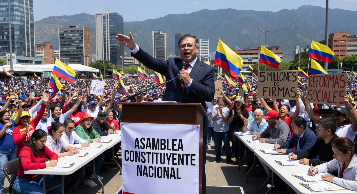 President Gustavo Petro announces signature drive for National Constituent Assembly amid cheering crowd in Medellín.