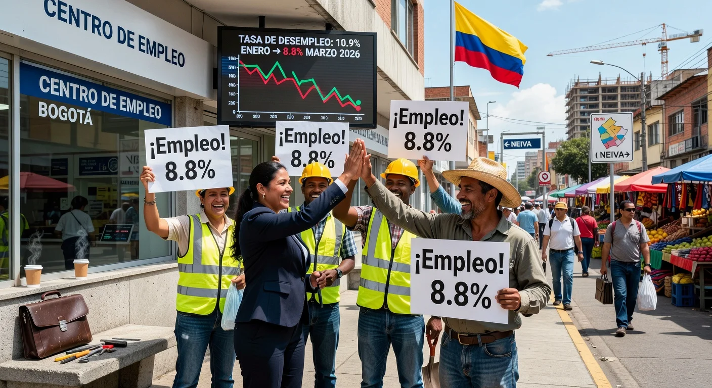 Illustration of joyful diverse Colombian workers celebrating the unemployment rate drop to 8.8%, featuring job signs, graphs, and national flag.