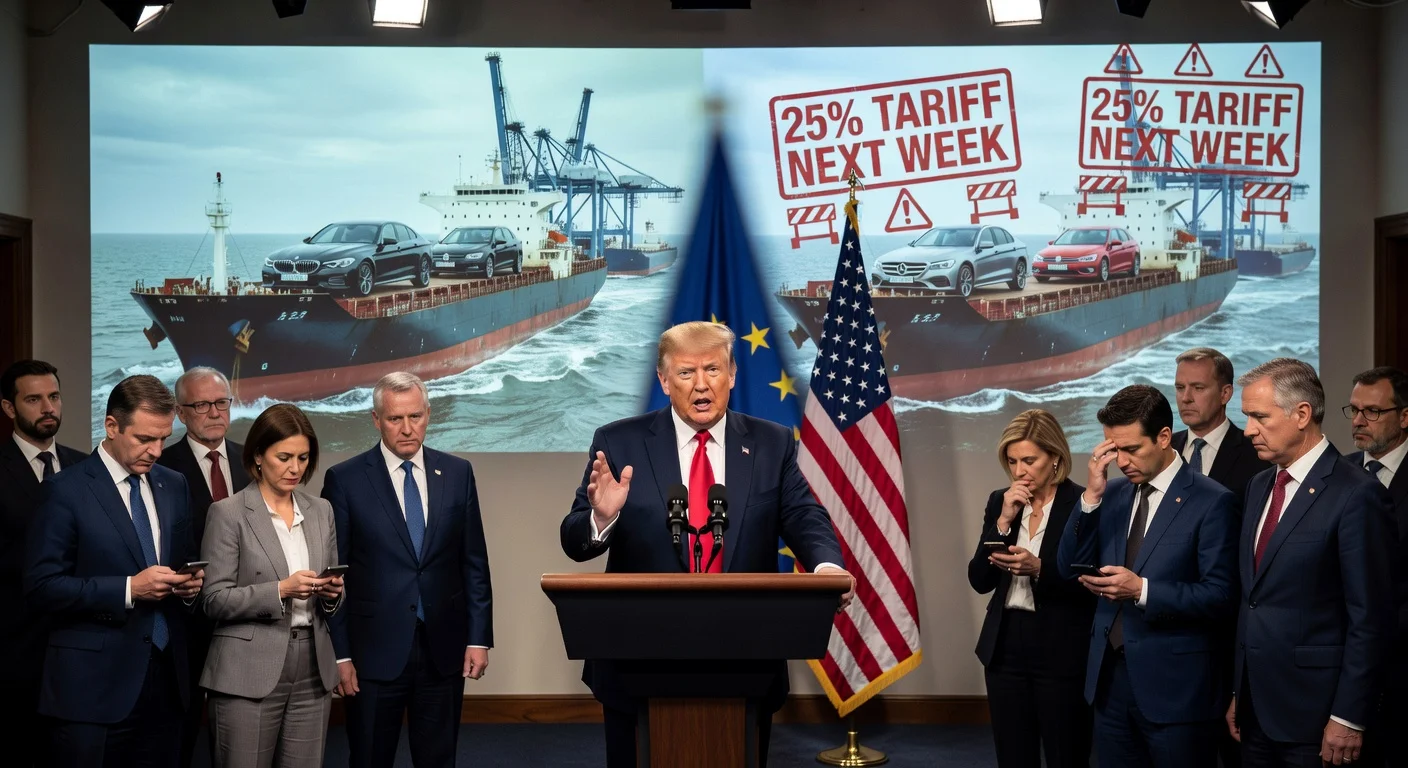 Illustration depicting Trump announcing 25% tariffs on EU cars amid trade dispute, with blocked vehicles at border and EU retaliation warnings.
