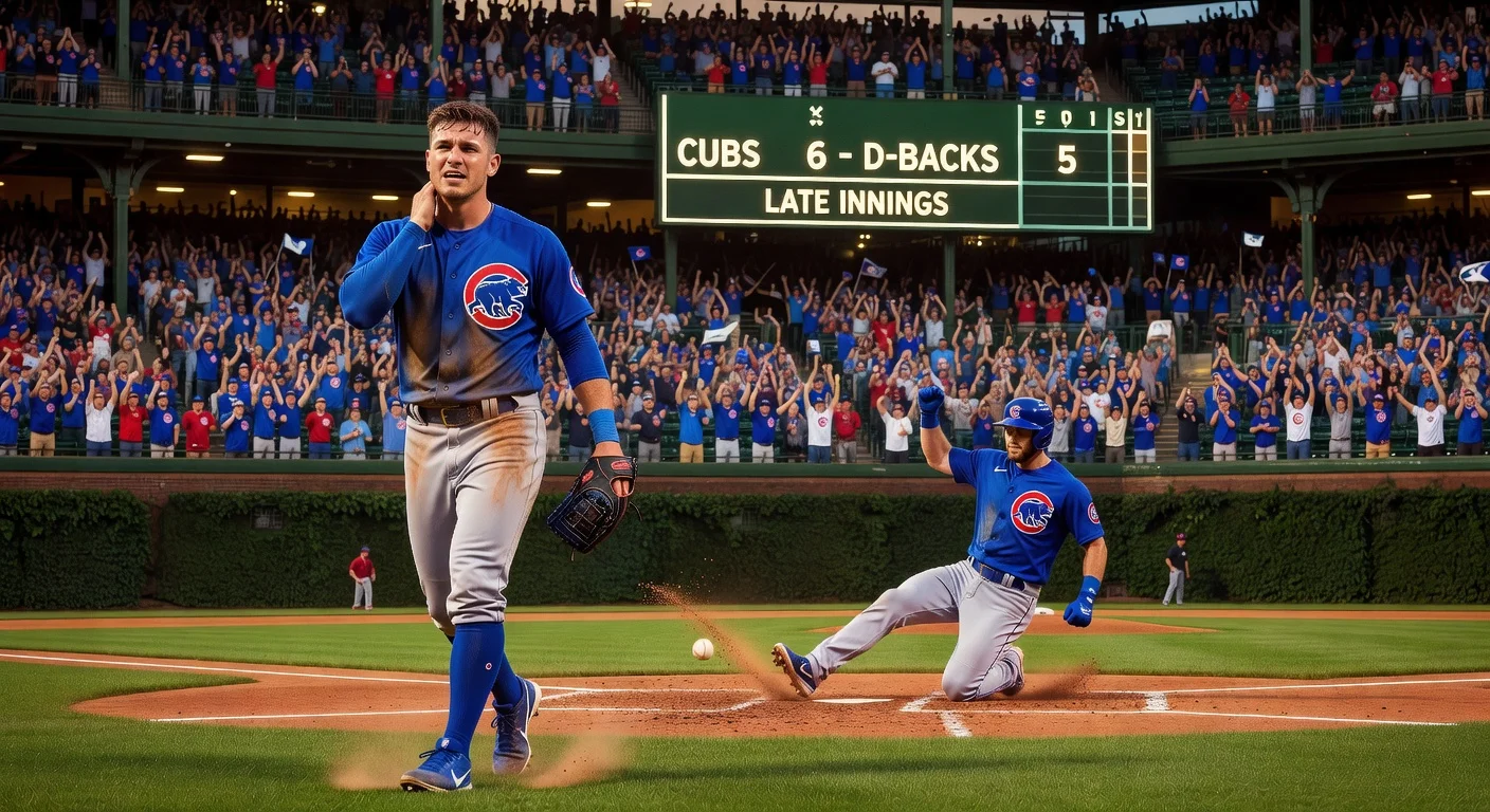 Cubs edge Diamondbacks 6-5 at Wrigley Field; Nico Hoerner exits with neck tightness after key double, Michael Busch delivers clutch hit.