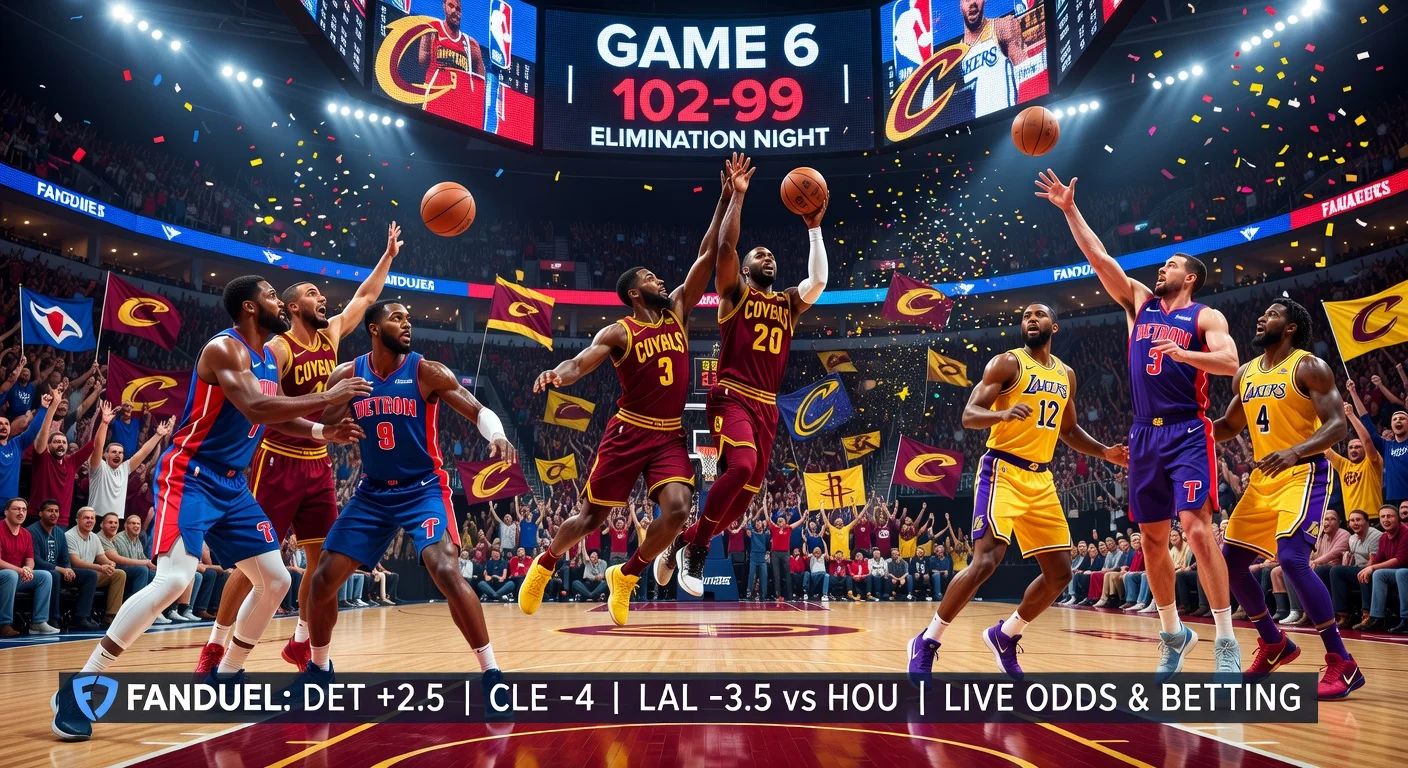 High-stakes NBA playoff Game 6 action featuring Pistons, Cavaliers, Lakers, and Rockets with intense arena atmosphere.
