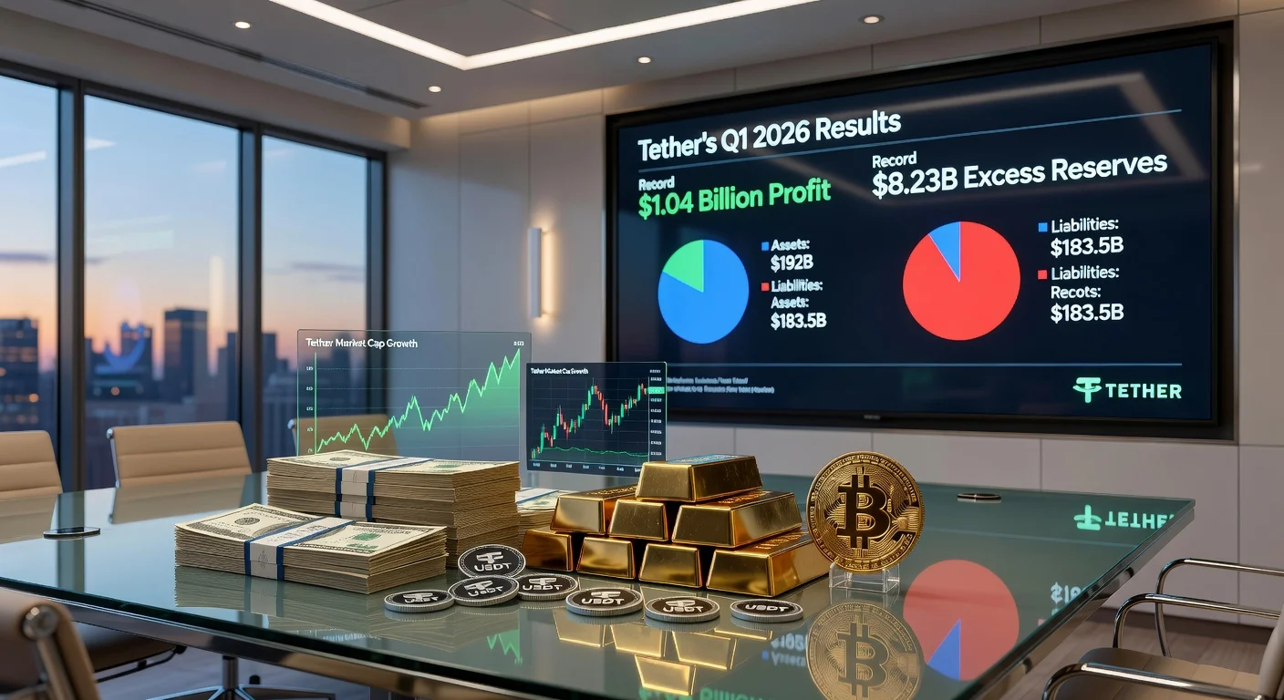 Illustration depicting Tether's $1.04 billion Q1 profit, record reserves, and holdings in U.S. Treasuries, gold, and Bitcoin for a news article.