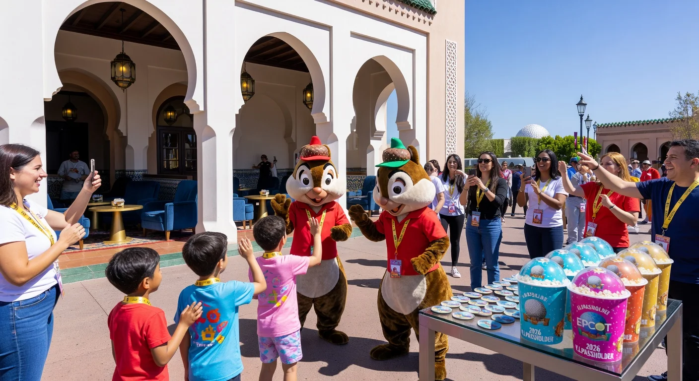 Illustration of Disney World passholders at EPCOT's V.I.PASSHOLDER Days 2026 perks, featuring Chip 'n' Dale meet-and-greet, Morocco lounge, and merchandise.
