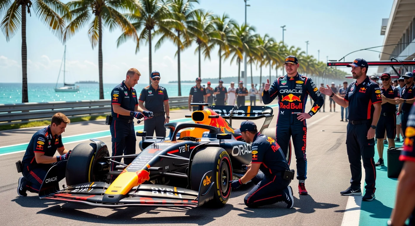 Red Bull RB22 F1 car with new 'Macarena' rear wing and upgrades unveiled at Miami Grand Prix pit lane, featuring Max Verstappen and team.