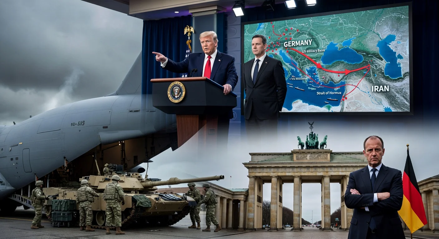 News illustration depicting Trump announcing US troop withdrawal from Germany amid tensions with Chancellor Merz over Iran.