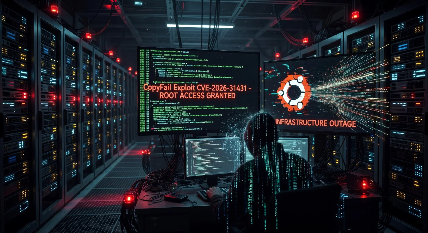 Illustration depicting the Linux CopyFail vulnerability enabling root access exploits alongside Ubuntu's DDoS-induced outage.