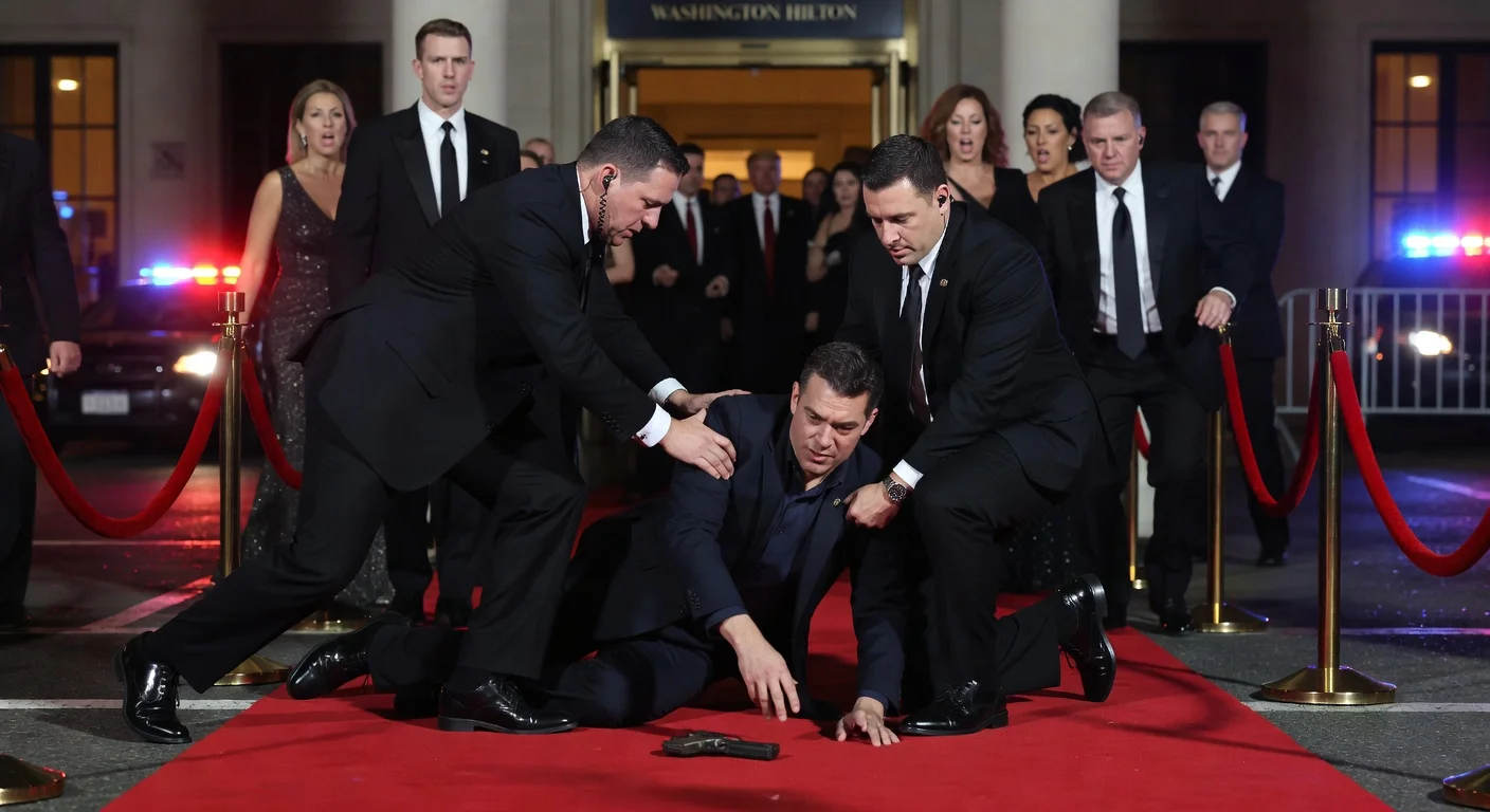 Secret Service agents subdue armed suspect Cole Allen at White House Correspondents' Dinner entrance, protecting President Trump and guests.