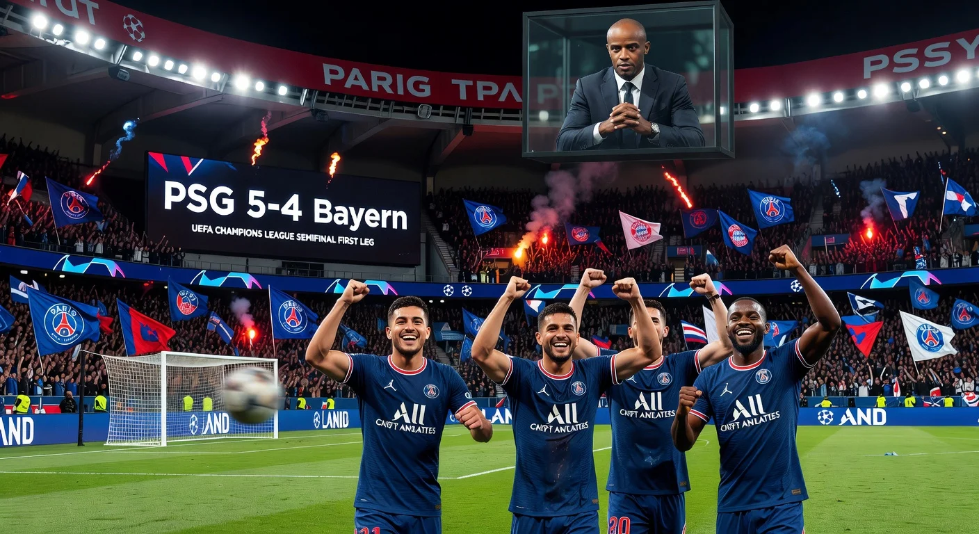 PSG midfielders celebrate 5-4 win over Bayern Munich in historic Champions League semifinal at Parc des Princes.