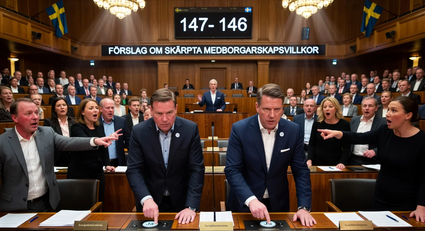 Dramatic scene in Swedish parliament showing two Sweden Democrats voting unexpectedly during citizenship vote, tipping result 147-146 amid opposition outrage.