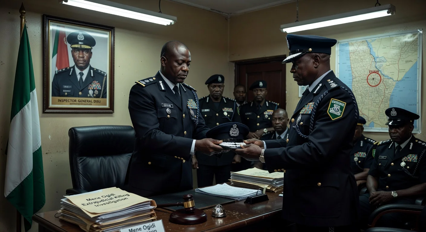 Nigerian police officer dismissed for extrajudicial killing, handing over badge in official probe.