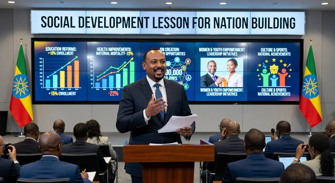 Prime Minister Abiy Ahmed highlights Ethiopia's social sector achievements at Addis Ababa briefing.