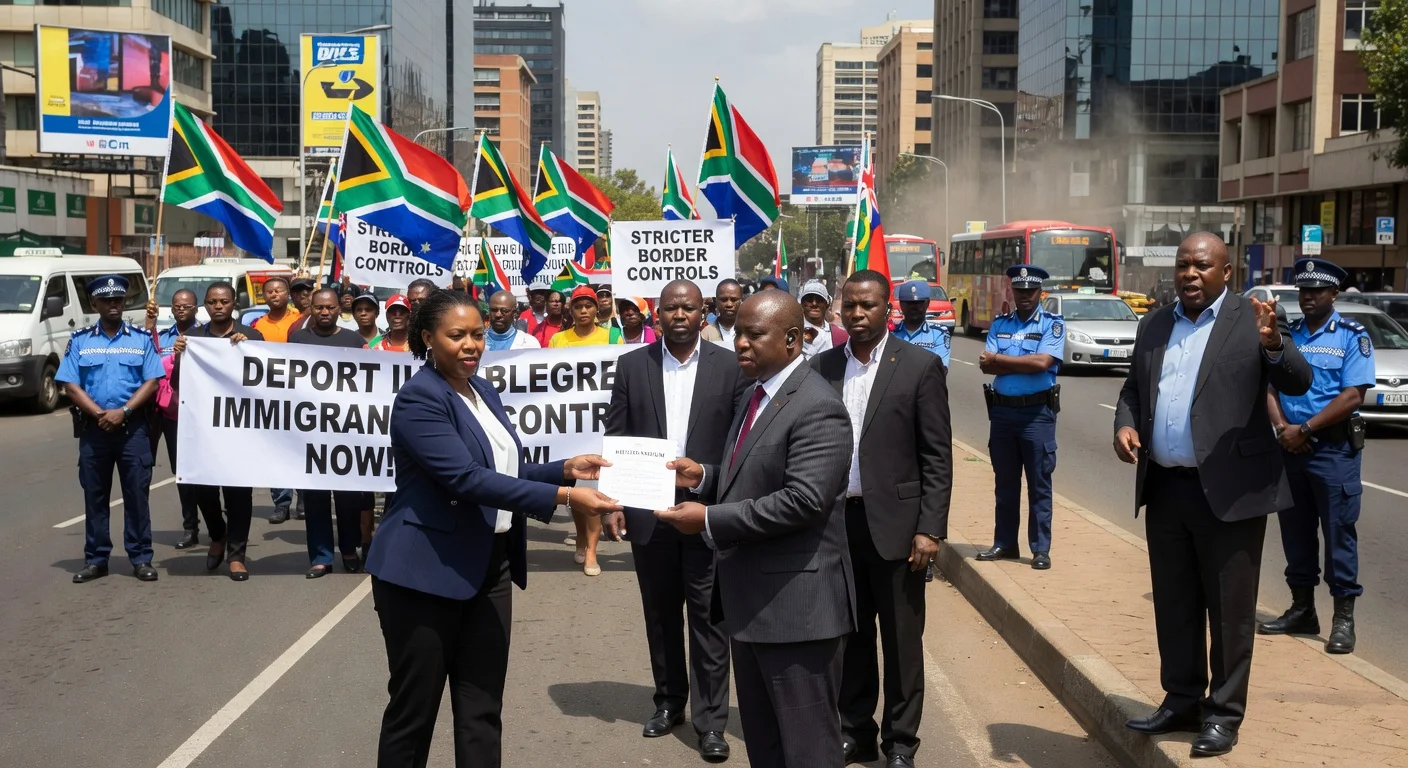 Protesters from March and March group demonstrate against illegal immigration in Johannesburg, handing memorandum to Gauteng Premier.