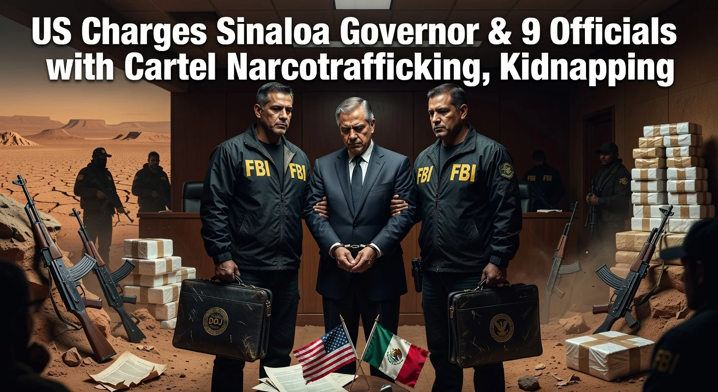 Dramatic illustration of Sinaloa Governor Rubén Rocha Moya arrested for alleged Sinaloa Cartel ties, featuring US agents, drugs, weapons, and flags.