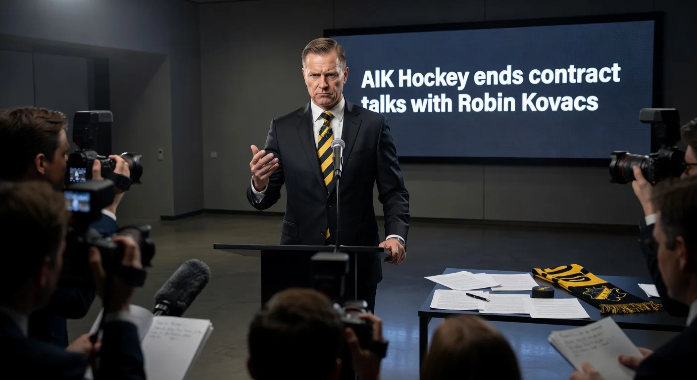 AIK Hockey executive at press conference announcing end of contract negotiations with forward Robin Kovacs.