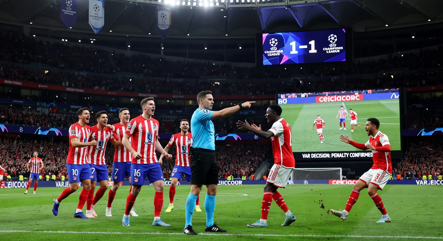 Dramatic photo of controversy during Atletico Madrid 1-1 Arsenal Champions League semi-final, referee awards penalty to Atletico amid protests.