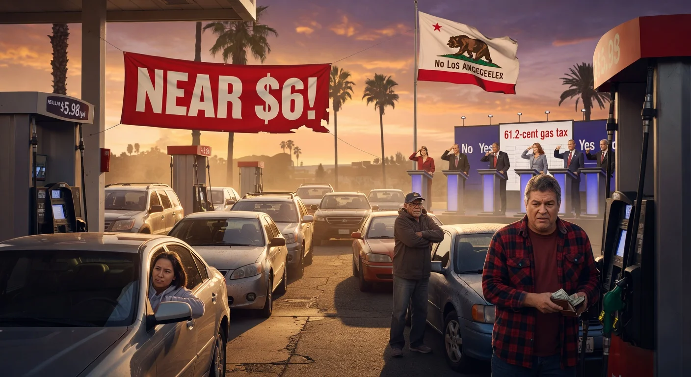 Illustration of high California gas prices near $6 at a pump and governor candidates debating against tax suspension relief.
