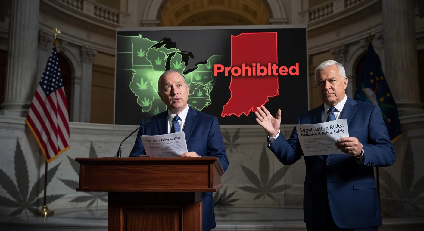 Indiana Gov. Mike Braun contemplates marijuana law review at podium, contrasted by Sen. Jim Banks' firm opposition, with regional legalization map in background.