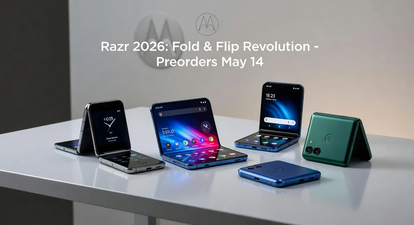 Motorola 2026 Razr lineup featuring Razr Fold book-style foldable and updated Razr Ultra, Razr+, Razr flip phones on display.