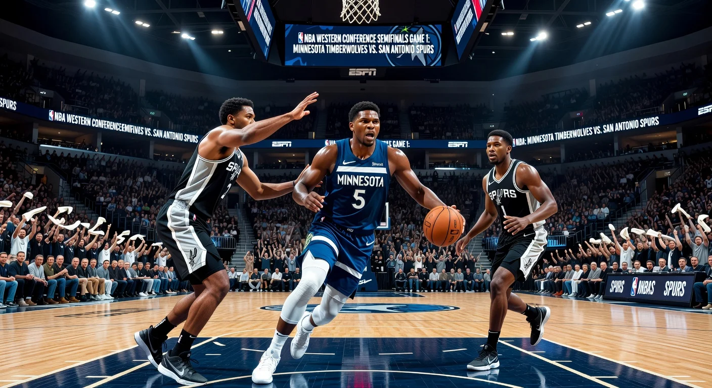 Anthony Edwards drives past Spurs defenders in Timberwolves vs. Spurs NBA playoff Game 1 action shot.
