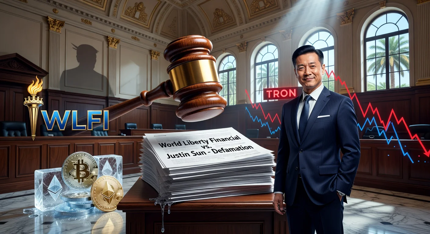 Dramatic courtroom scene illustrating World Liberty Financial's defamation lawsuit against Justin Sun, featuring frozen WLFI tokens, Tron symbols, and legal gavel.